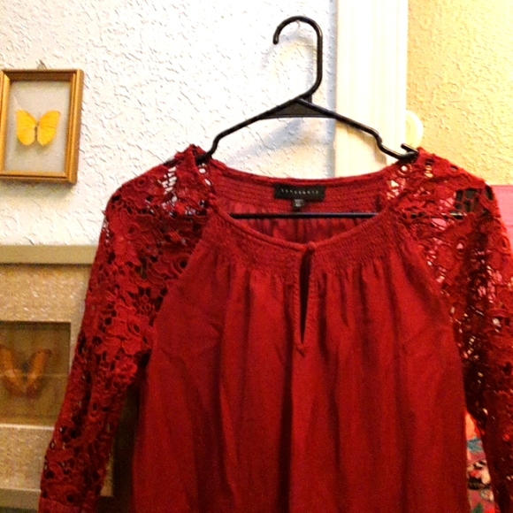 Boho peasant top embroidered  lace sleeve  😍 xs womens rusted red color - Picture 4 of 8